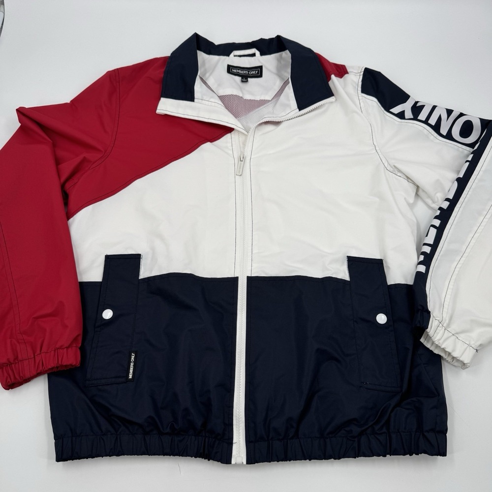 Red White Blue Members Only Jacket Wind Breaker Large Zip Up Diagonal EUC